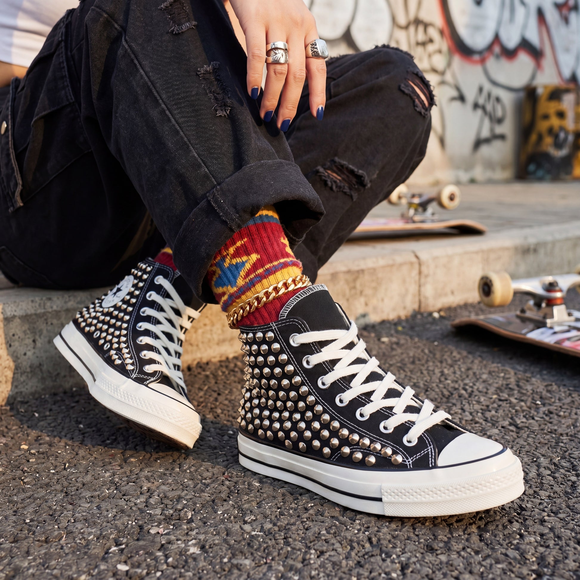 Unisex punk rock Converse shoes with bold studded high top design