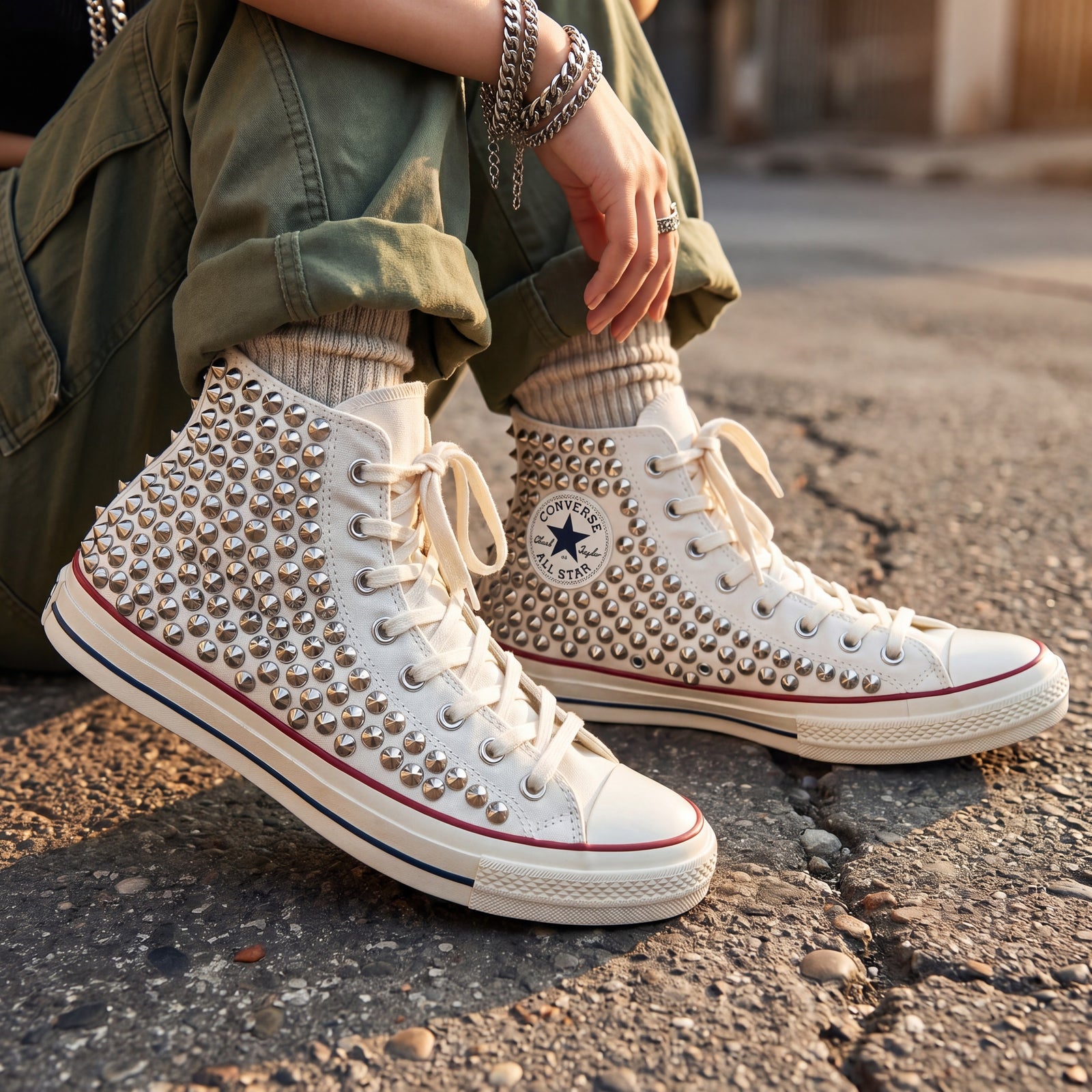 Punk streetwear canvas shoes with white upper, white laces and metal studs